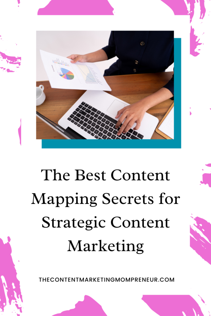 Bright pink brushstroke background and image of woman typing on laptop and title The best content mapping secrets for strategic content marketing. thecontentmarketingmompreneur.com/blog