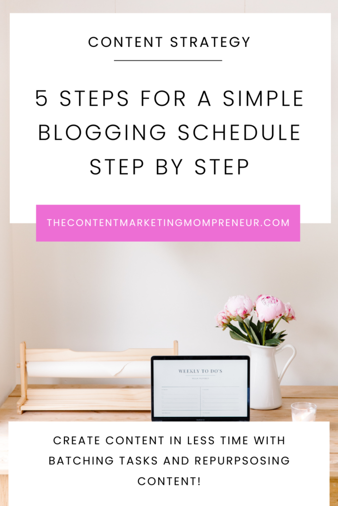 Image overlay of table and laptop and title 5 steps for a simple blogging schedule step by step.